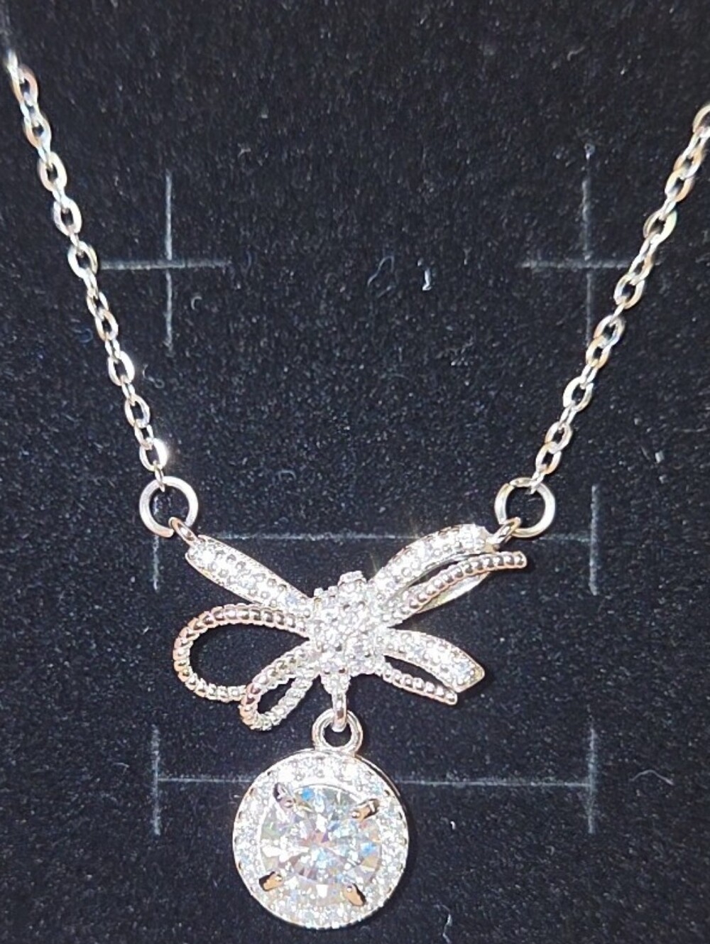 Elegant Silver Bow  Moissanite Pendant Necklace